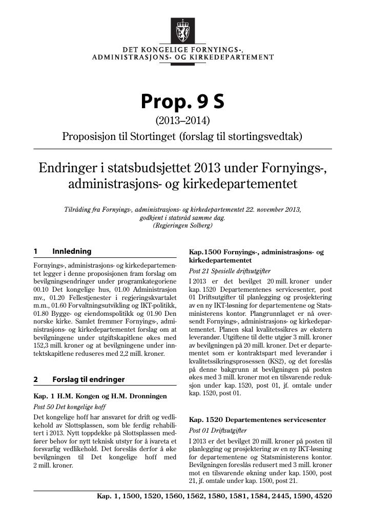 Forsiden av dokumentet Prop. 9 S (2013–2014)