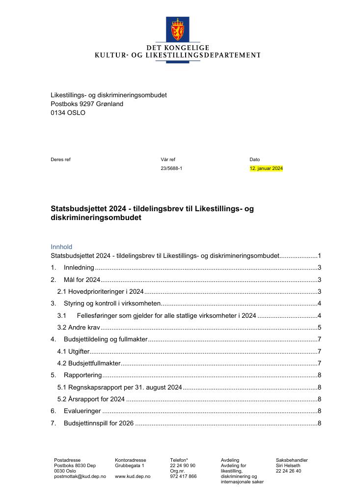 Forsiden av dokumentet Tildelingsbrev Likestillings- og diskrimineringsombudet 2024