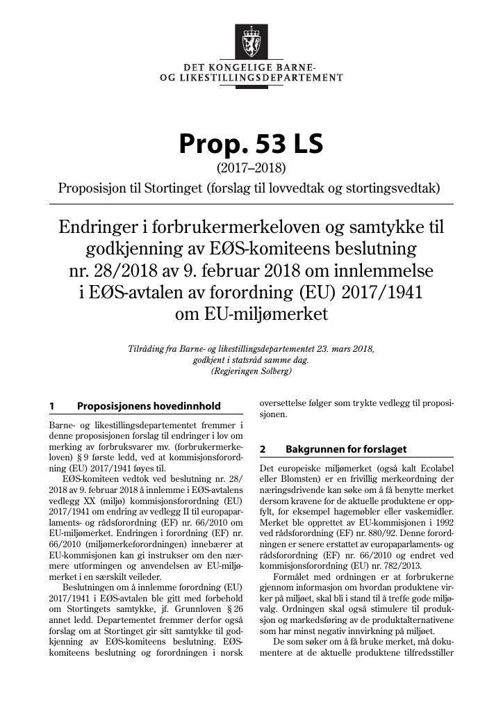 Forsiden av dokumentet Prop. 53 LS (2017–2018)