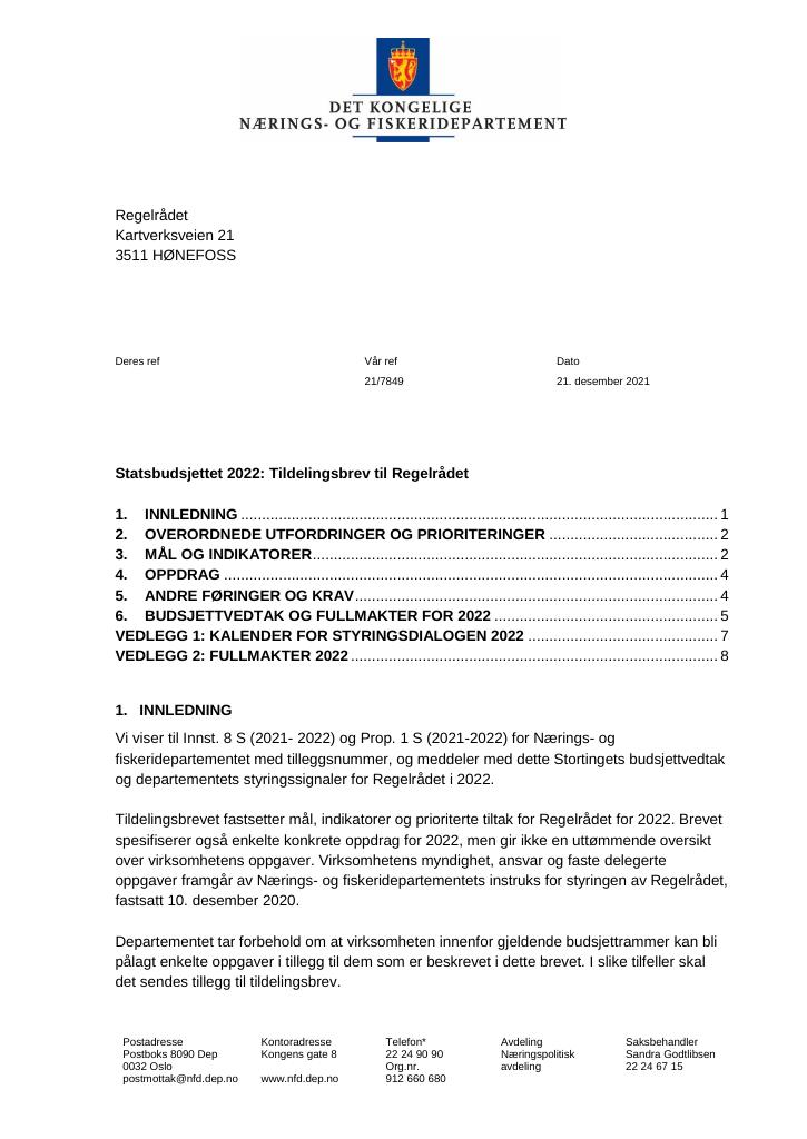 Forsiden av dokumentet Tildelingsbrev Regelrådet 2022