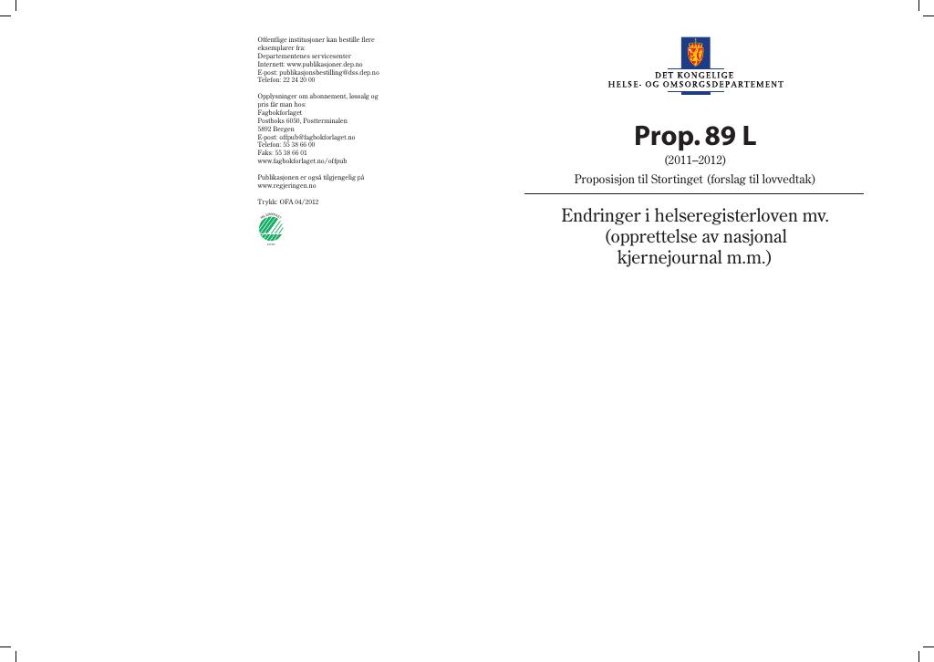 Forsiden av dokumentet Prop. 89 L (2011–2012)