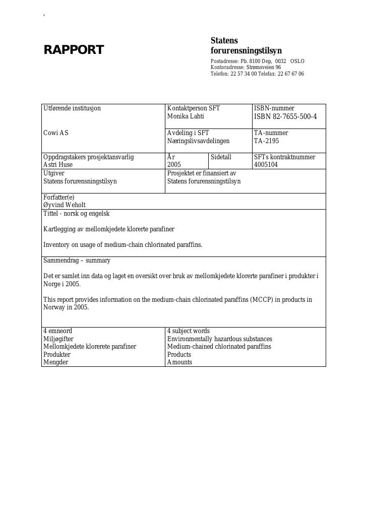 Forsiden av dokumentet Kartlegging av mellomkjedete klorerte parafiner (MCCP) i produkter