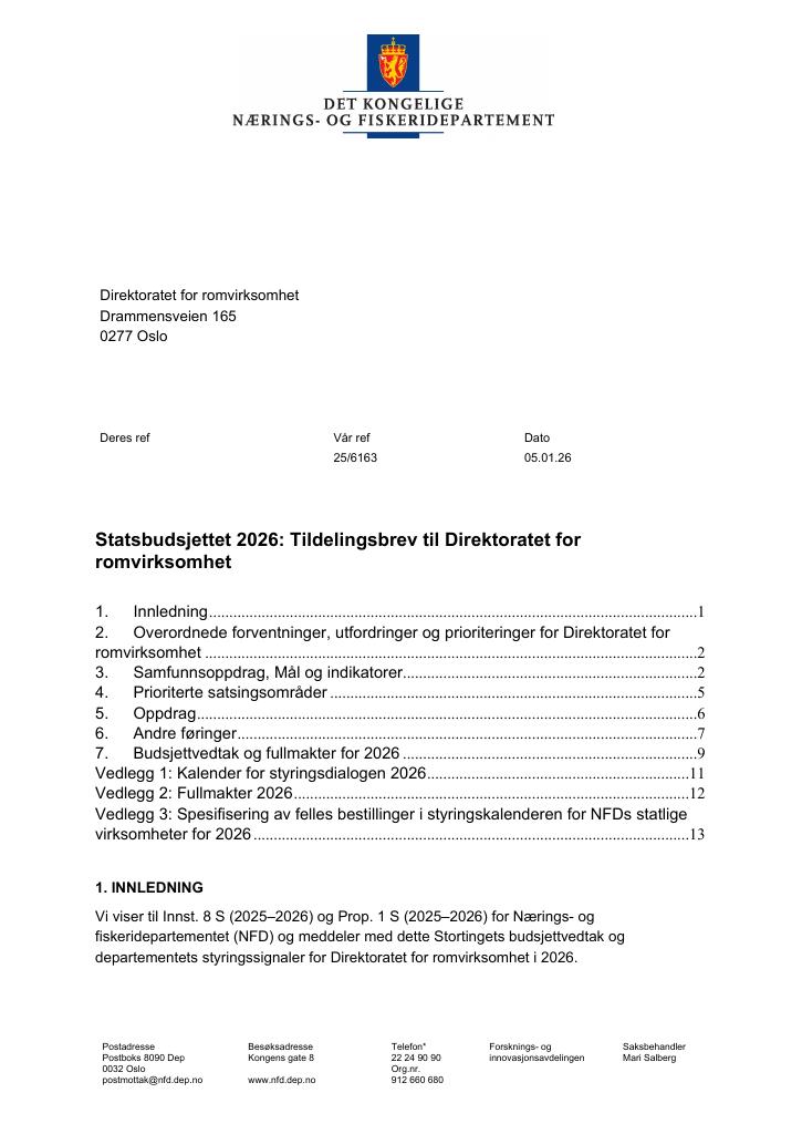 Forsiden av dokumentet Tildelingsbrev Direktoratet for romvirksomhet 2026