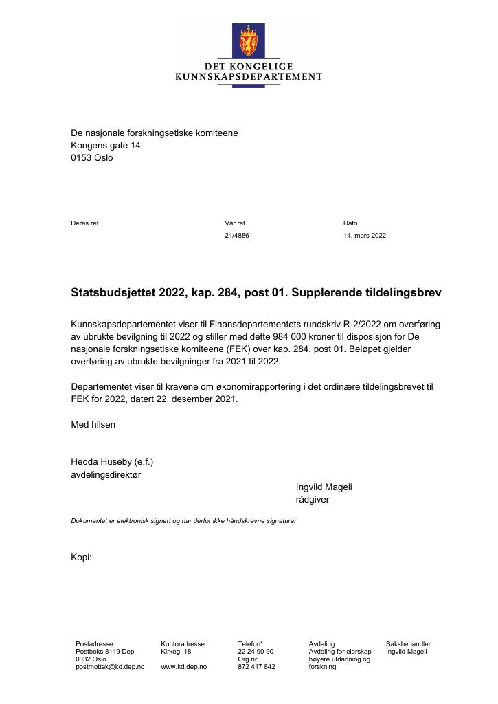 Forsiden av dokumentet Tildelingsbrev De nasjonale forskningsetiske komiteene 2022 - tillegg
