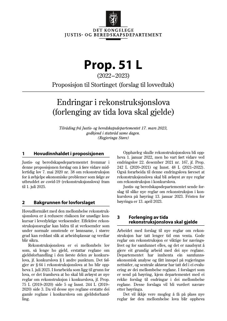 Forsiden av dokumentet Prop. 51 L (2022–2023)