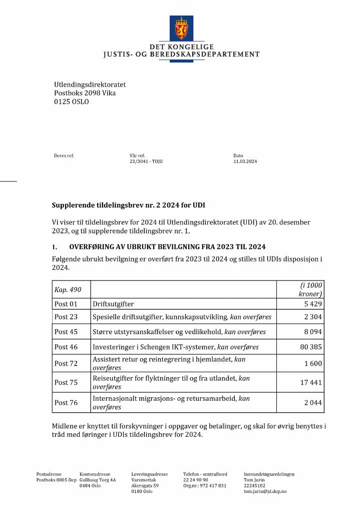 Forsiden av dokumentet Tildelingsbrev Utlendingsdirektoratet 2024 - tillegg nr. 2