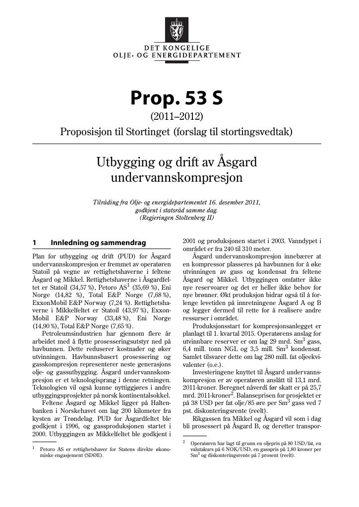Forsiden av dokumentet Prop. 53 S (2011–2012)