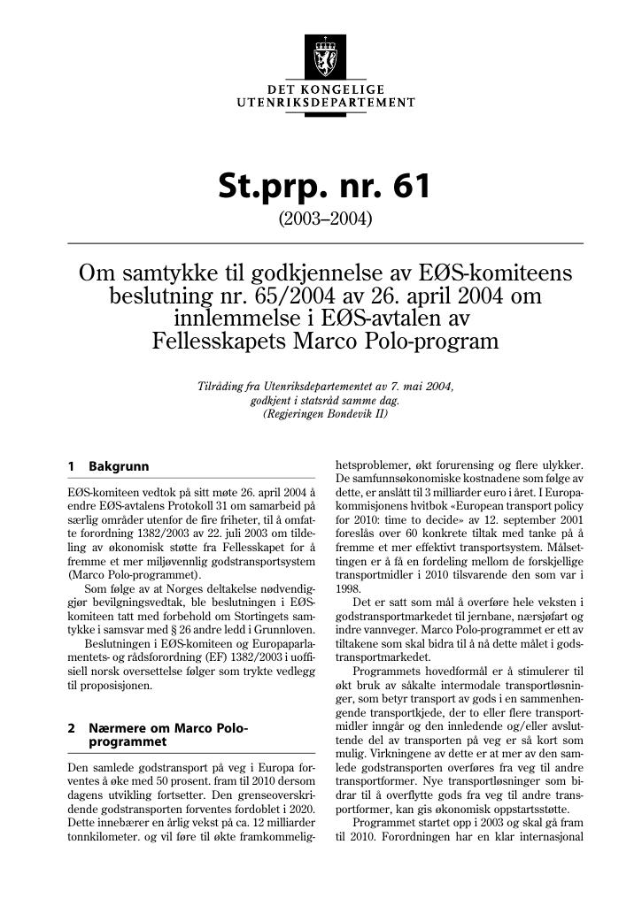 Forsiden av dokumentet St.prp. nr. 61 (2003-2004)