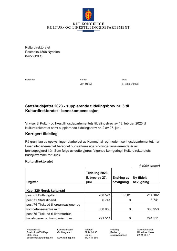Forsiden av dokumentet Supplerende tildelingsbrev nr. 3 - 2023 (.pdf)