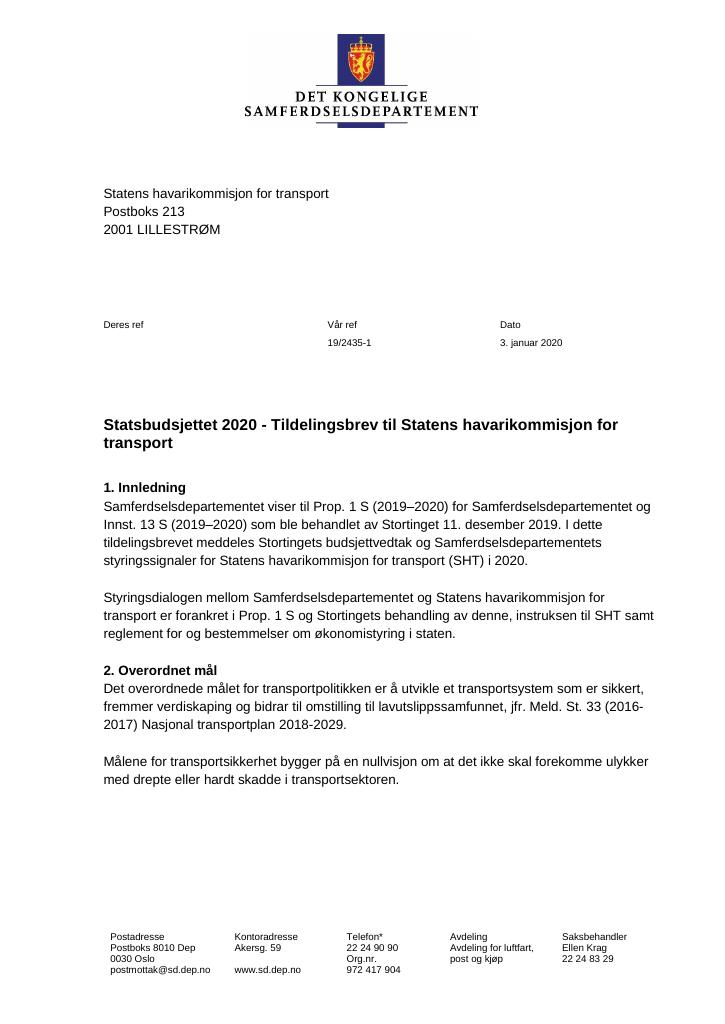 Forsiden av dokumentet Tildelingsbrev Statens havarikommisjon for transport 2020