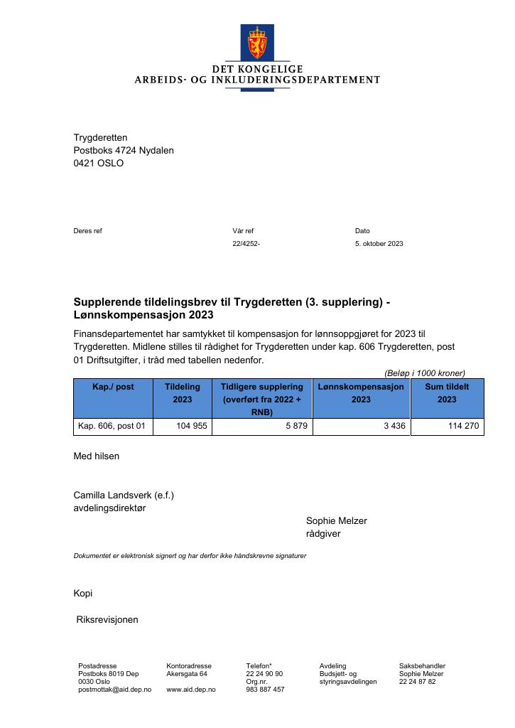 Forsiden av dokumentet Supplerende tildelingsbrev nr. 3 Trygderetten 2023