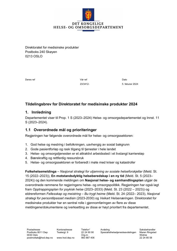 Forsiden av dokumentet Tildelingsbrev 2024