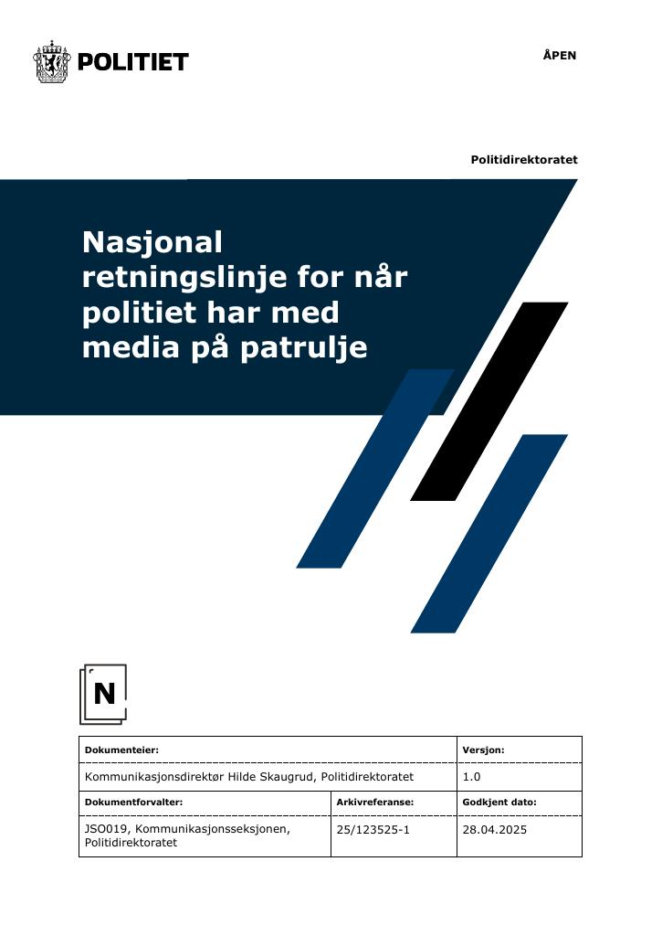 Forsiden av dokumentet Nasjonal retningslinje for når politiet har med seg media på patrulje