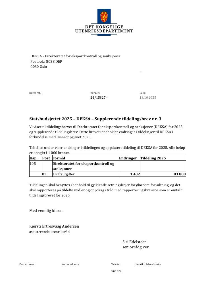 Forsiden av dokumentet Tildelingsbrev Deksa 2025 - tillegg nr. 3