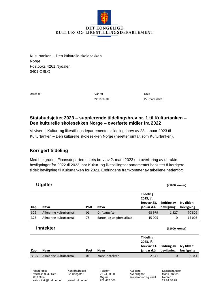 Forsiden av dokumentet Tildelingsbrev Kulturtanken 2023 - tillegg nr. 1