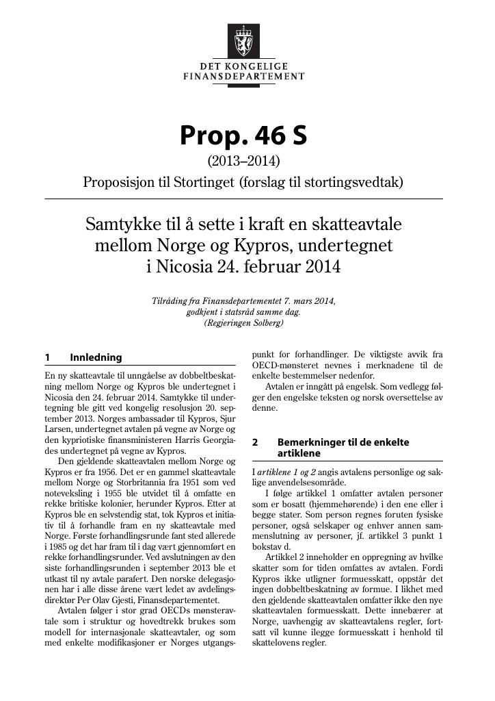 Forsiden av dokumentet Prop. 46 S (2013–2014)