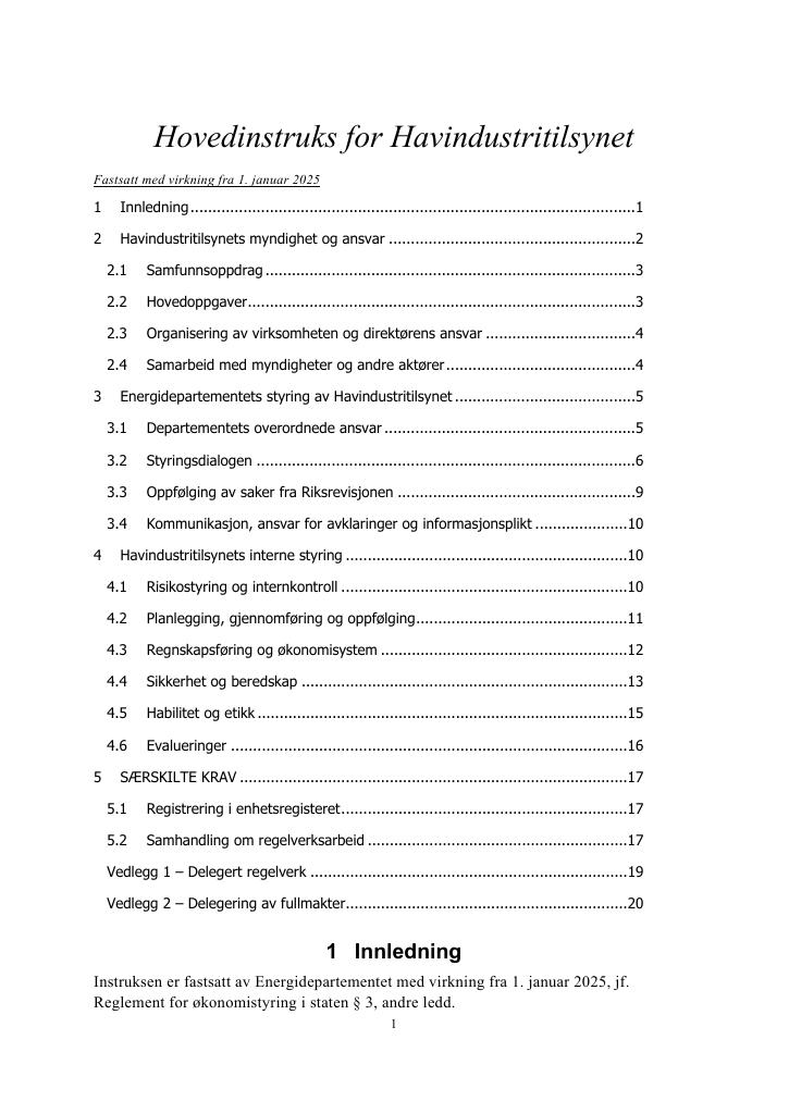 Forsiden av dokumentet Hovedinstruks for Havindustritilsynet 2025