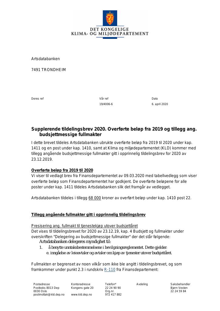 Forsiden av dokumentet Supplerende tildelingsbrev 06.04.2020