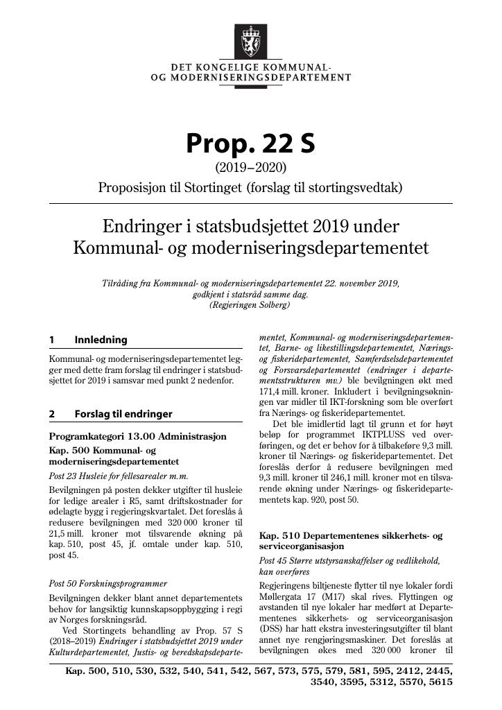 Forsiden av dokumentet Prop. 22 S (2019–2020)