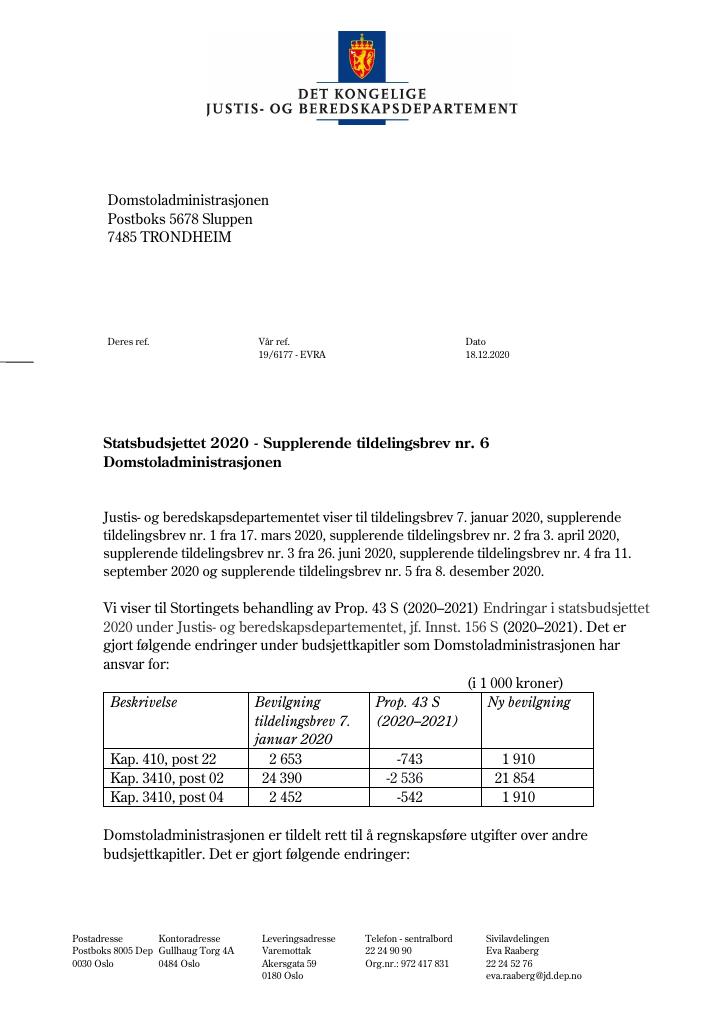 Forsiden av dokumentet Supplerende tildelingsbrev Domstoladministrasjonen 2020 - nr. 6