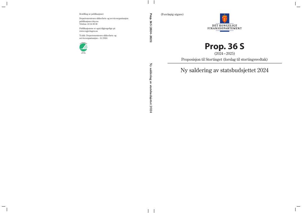 Forsiden av dokumentet Prop. 36 S (2024–2025)