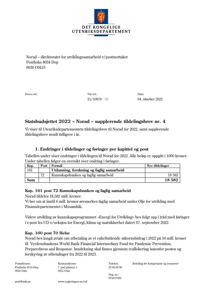 Forsiden av dokumentet Tildelingsbrev Norad 2022 - tillegg nr. 4