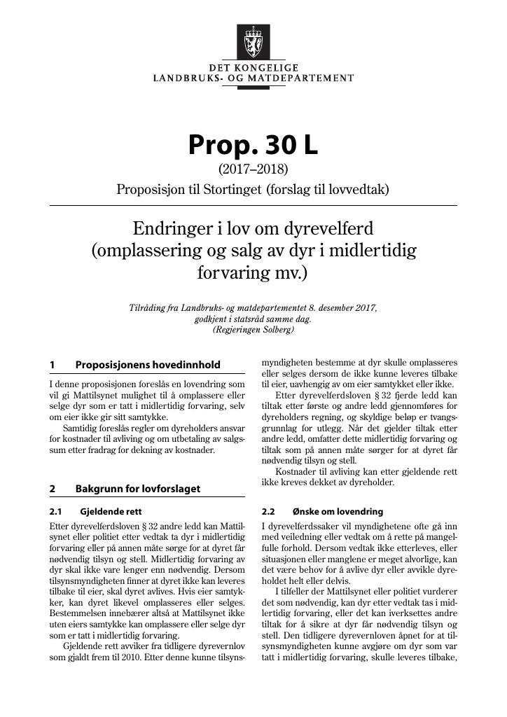 Forsiden av dokumentet Prop. 30 L (2017–2018)