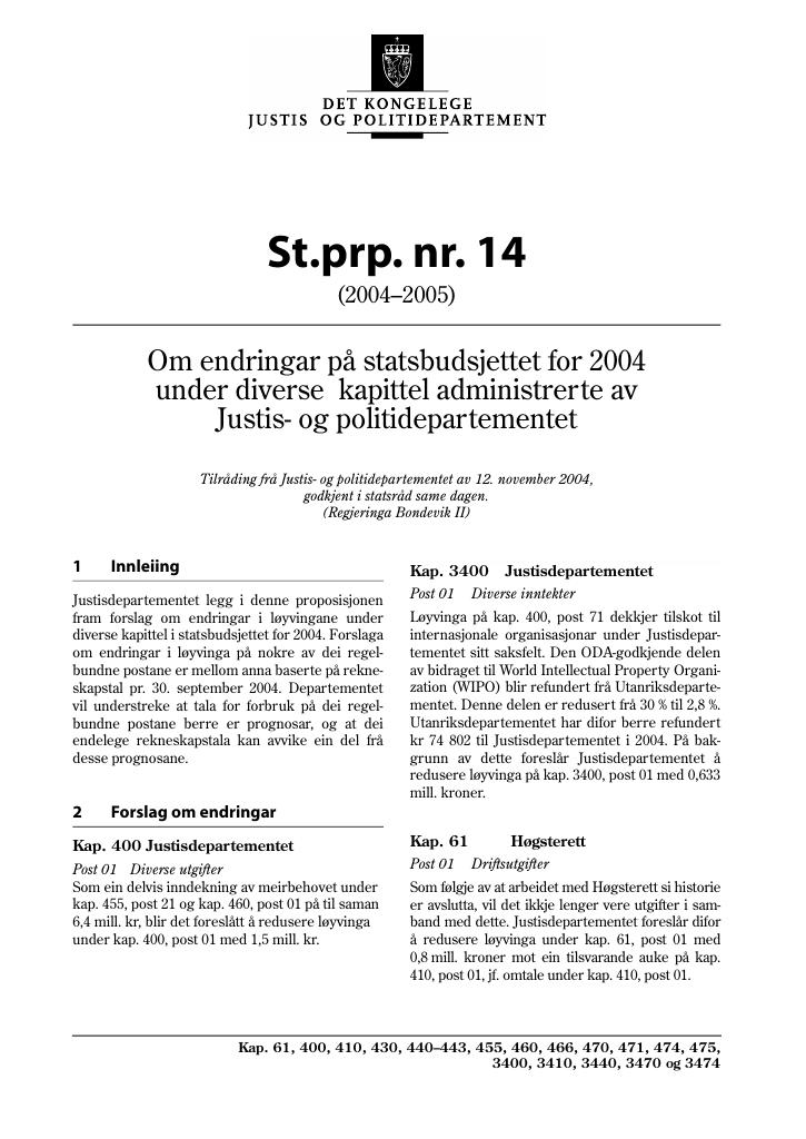 Forsiden av dokumentet St.prp. nr. 14 (2004-2005)