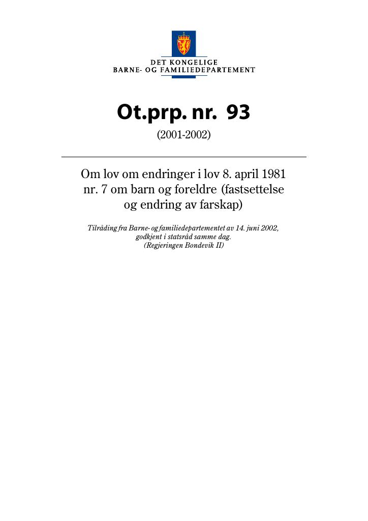Forsiden av dokumentet Ot.prp. nr. 93 (2001-2002)