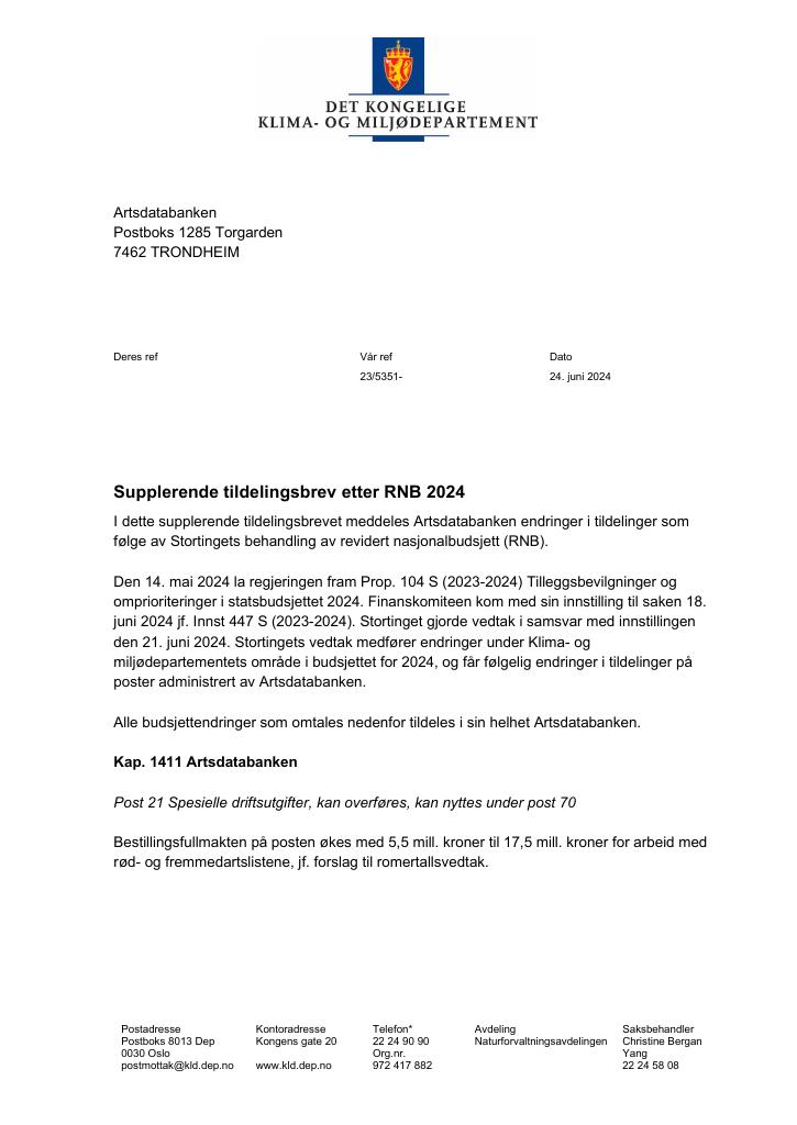 Forsiden av dokumentet Supplerende tildelingsbrev 24.06.2024