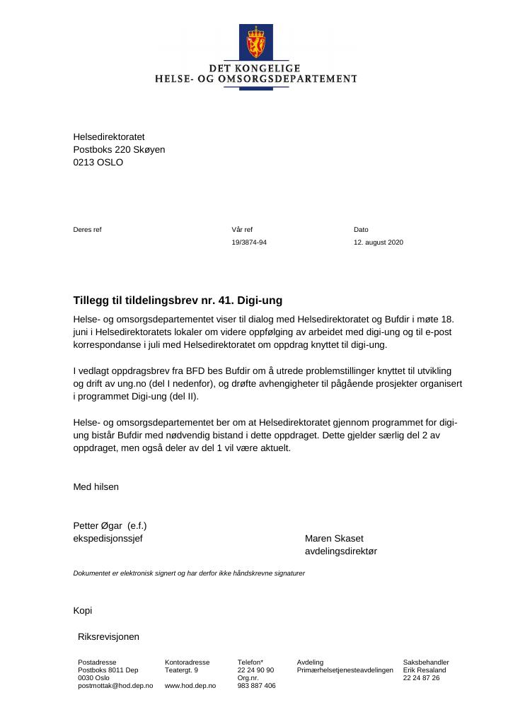 Forsiden av dokumentet Tildelingsbrev Helsedirektoratet 2020 - tillegg nr. 41