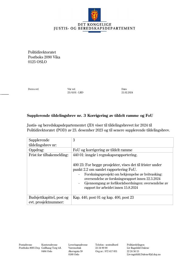 Forsiden av dokumentet Tildelingsbrev Politiet 2024 - tillegg nr. 3