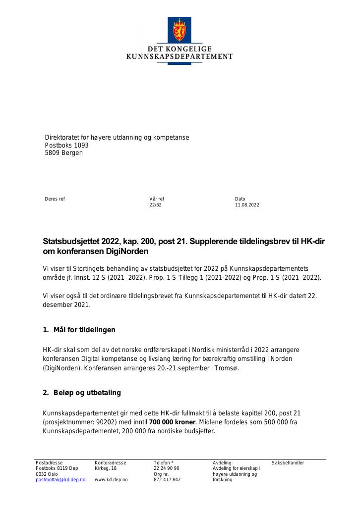 Forsiden av dokumentet Tildelingsbrev Direktoratet for høyere utdanning og kompetanse 2022 - tillegg nr. 8