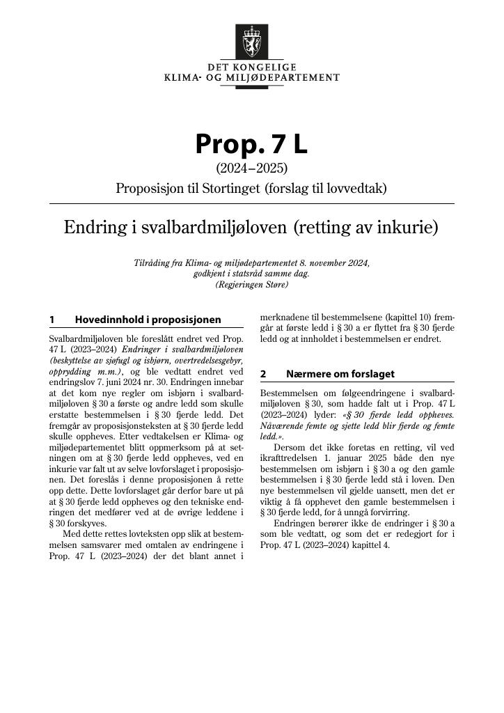 Forsiden av dokumentet Prop. 7 L (2024–2025)