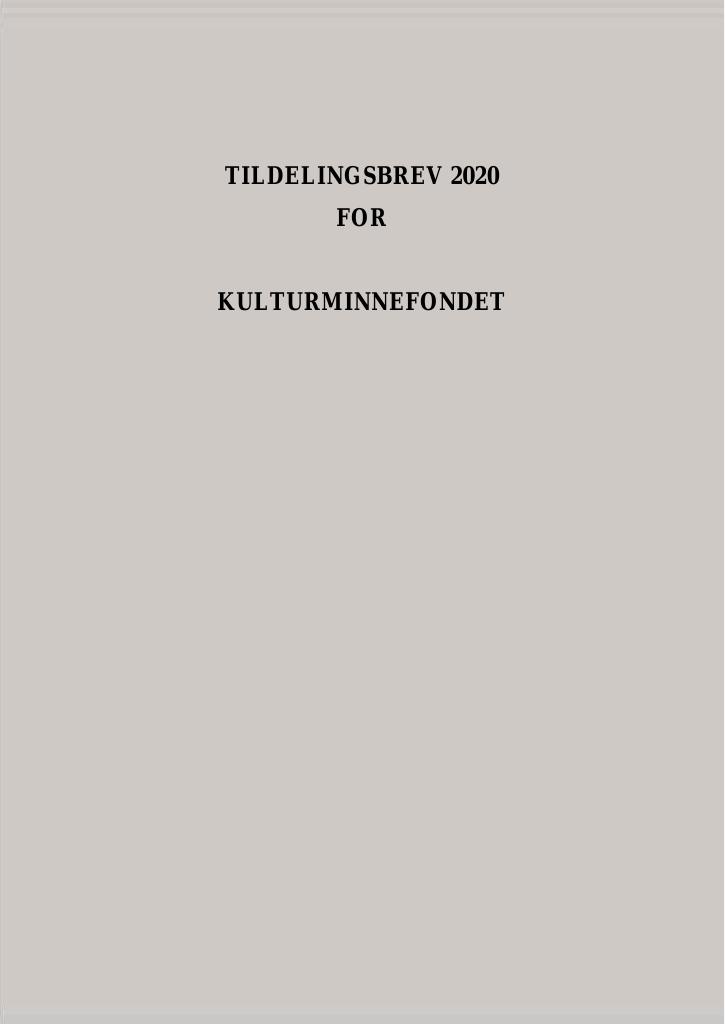 Forsiden av dokumentet Tildelingsbrev Kulturminnefondet 2020