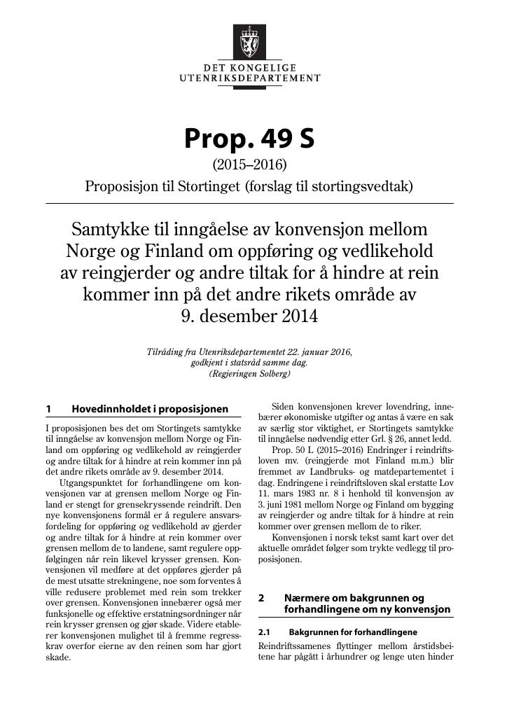 Forsiden av dokumentet Prop. 49 S (2015–2016)