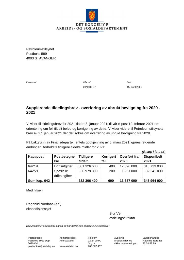 Forsiden av dokumentet Tildelingsbrev Petroleumstilsynet 2021 - tillegg nr. 1