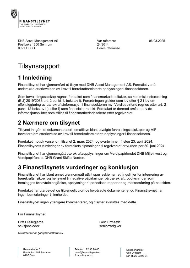 Forsiden av dokumentet Tilsynsrapport DNB Asset Management AS