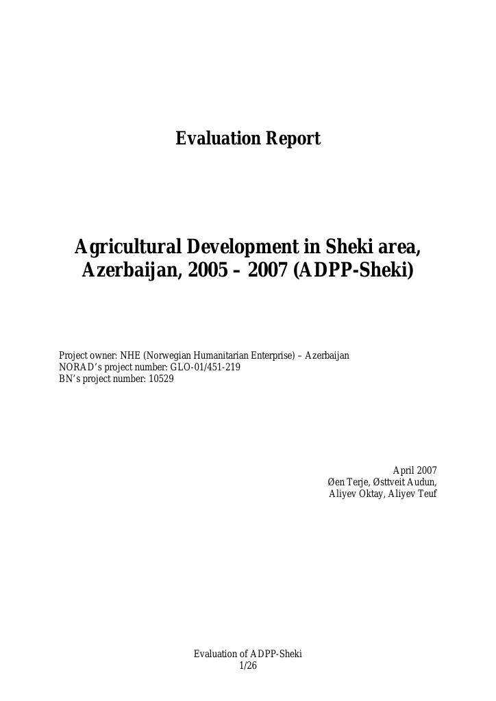 Forsiden av dokumentet Evaluation of Agricultural Development in Sheki area, Azerbaijan, 2005 - 2007