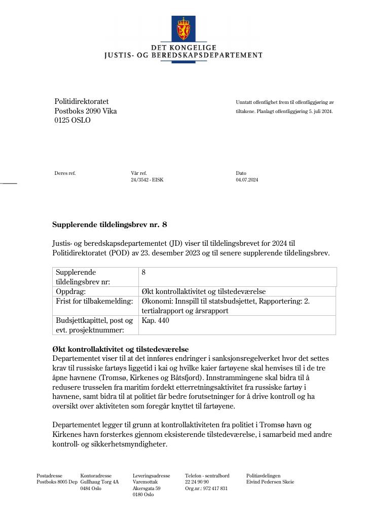 Forsiden av dokumentet Tildelingsbrev Politiet 2024 - tillegg nr. 8