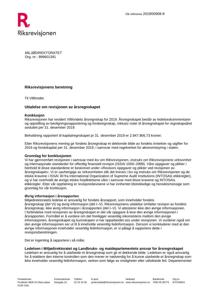 Forsiden av dokumentet Riksrevisjonens beretning 2019