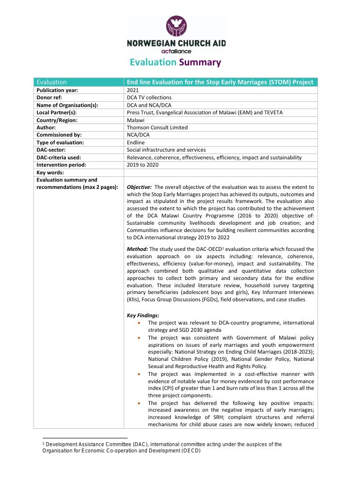 Forsiden av dokumentet End line Evaluation for the Stop Early Marriages (STOM) Project