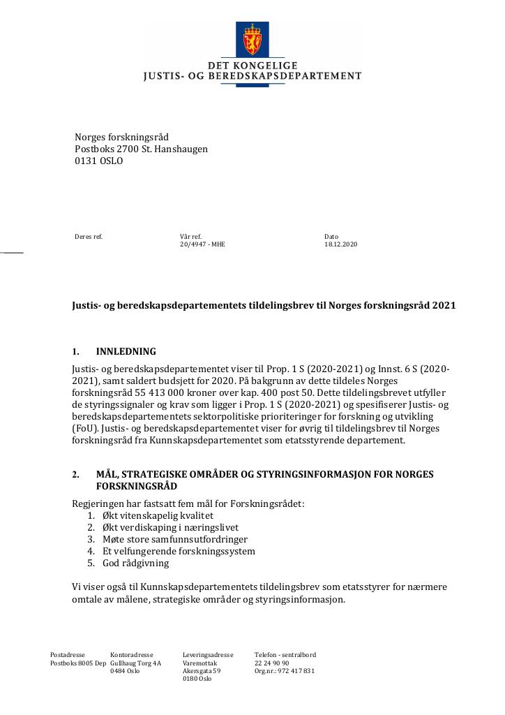 Forsiden av dokumentet Tildelingsbrev Norges forskningsråd 2021