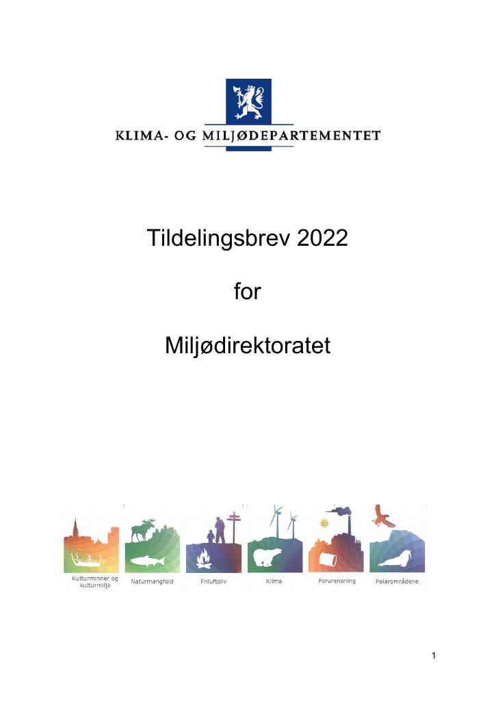 Forsiden av dokumentet Tildelingsbrev Miljødirektoratet 2022