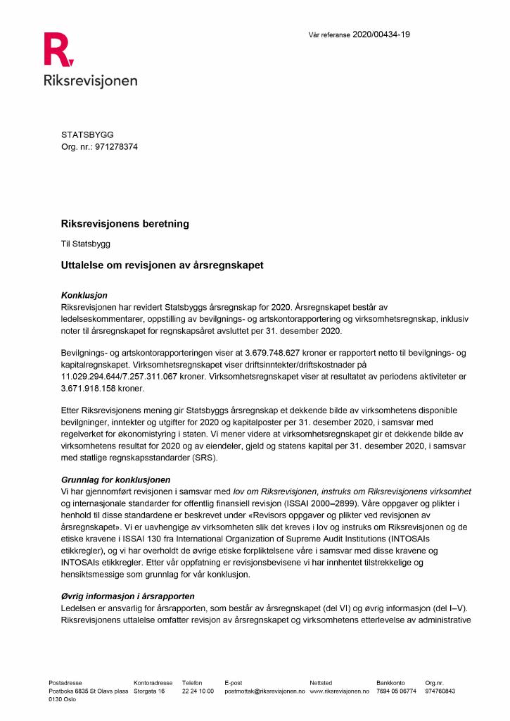 Forsiden av dokumentet Revisjonsberetning Statsbygg 2020