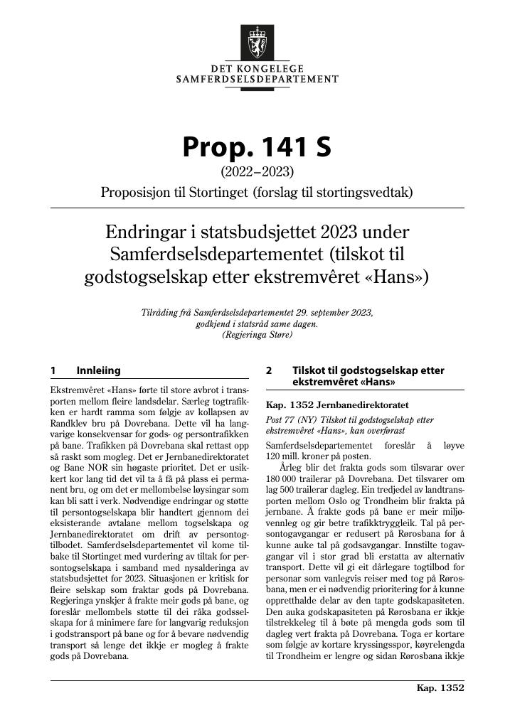 Forsiden av dokumentet Prop. 141 S (2022–2023)