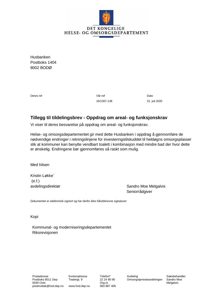 Forsiden av dokumentet Tildelingsbrev Husbanken 2020 - tillegg