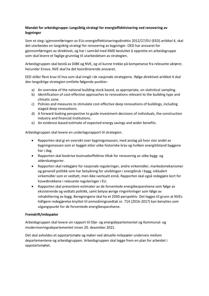 Forsiden av dokumentet Vedlegg til tillegg nr. 3, 2021, DiBK - Mandat for arbeidsgruppe