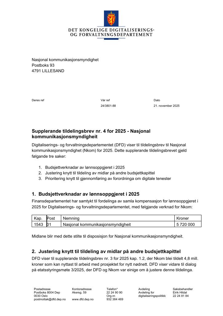 Forsiden av dokumentet Tildelingsbrev Nkom 2025 - tillegg nr. 4