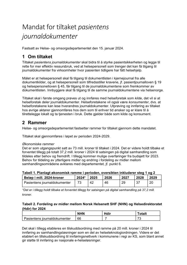 Forsiden av dokumentet supplerende mandat pasientens journaldokumenter 2024